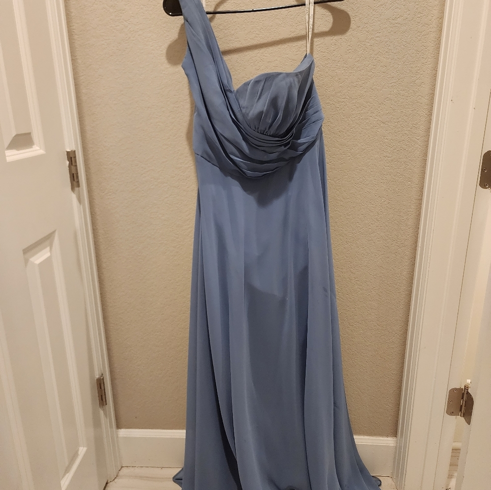 David's Bridal CELEBRATE DB studio long One-Shoulder Crinkle Chiffon Dress